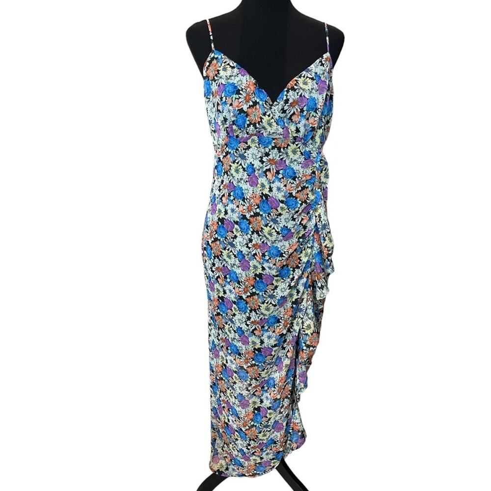 New ~ LUSH  ~ Floral Ruffle Midi Dress In Black Multi L Ruched sides